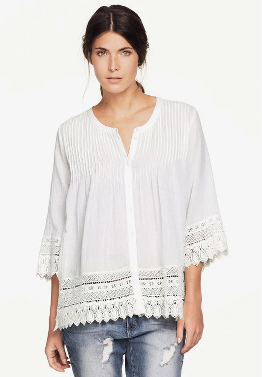 100% Cotton Crepe Button-Front Three-Quarter Sleeve Crochet Trim Blouse
