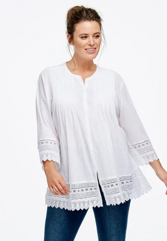100% Cotton Crepe Button-Front Three-Quarter Sleeve Crochet Trim Blouse