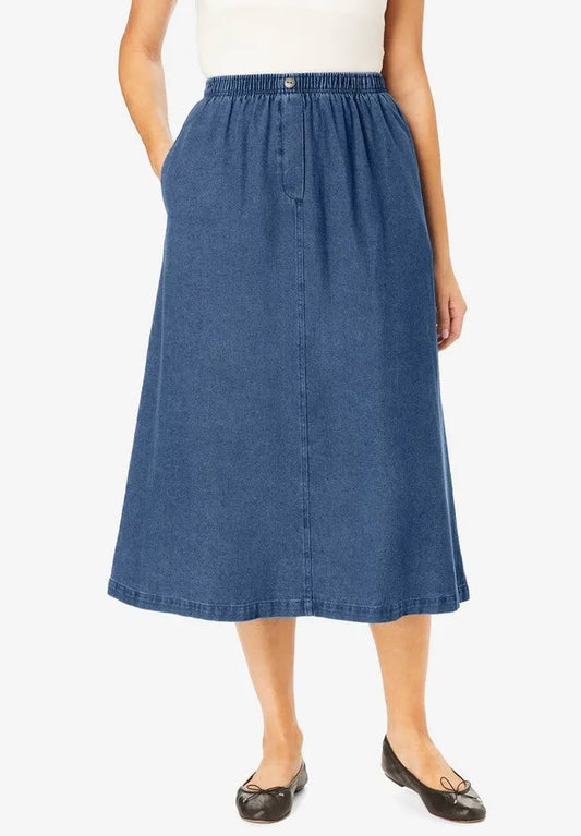 7-Day Elastic-Waist All-Cotton Pull-On Denim Jeans Skirt