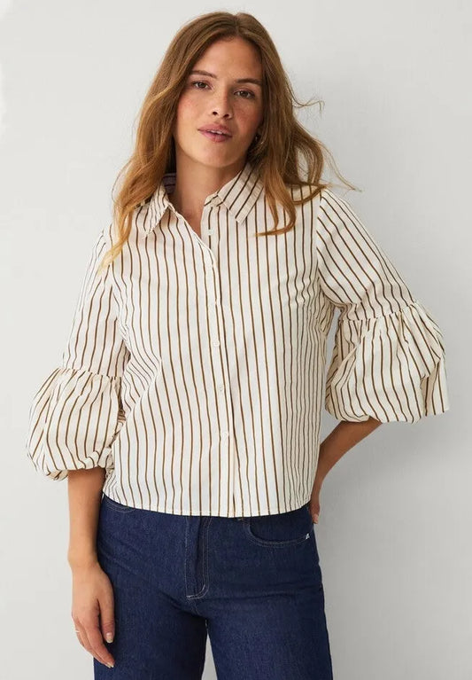 Button-Front Three-Quarter Puff Sleeve Shirt