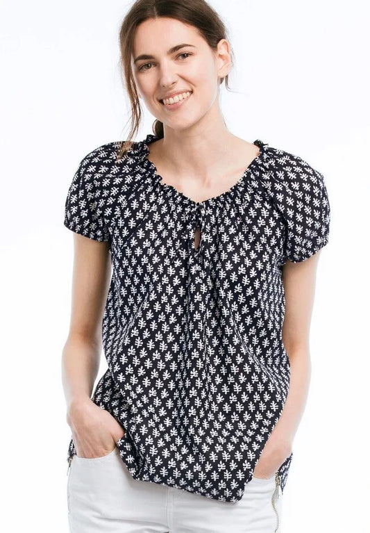 100% Cotton A-Line Peasant Blouse With Scoop Keyhole Neckline