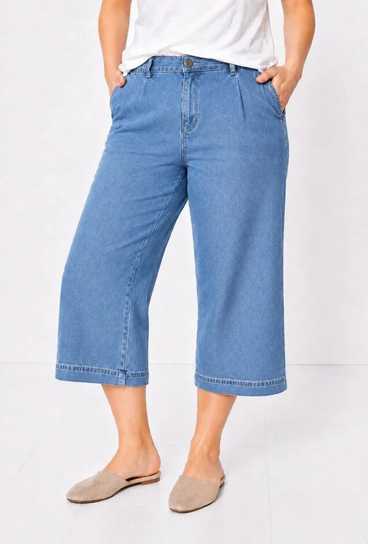 100% Cotton Mid-Rise Lightweight Denim Elastic Waist Wide-Leg Crop Trouser Jeans