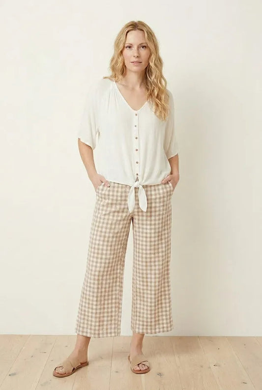 100% Cotton Wide Leg Gingham Seersucker Back Elastic Waist Crop Pants