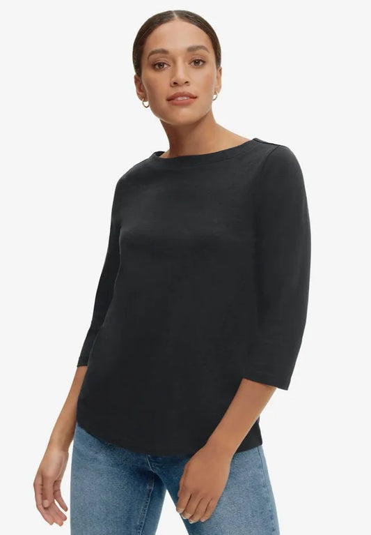 Cotton Spandex Jersey Boatneck Three-Quarter Sleeve Top