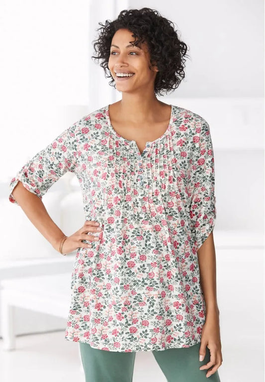 7-Day Three-Quarter Sleeve Pintucked Henley Tunic