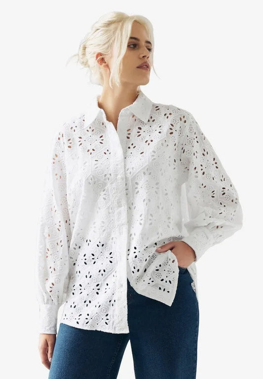 100% Cotton Cambric Eyelet Button-Front Blouson Sleeve Shirt