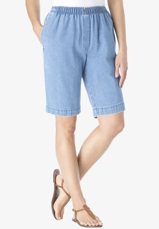 7-Day Elastic-Waist Pull-On Cotton Denim Shorts