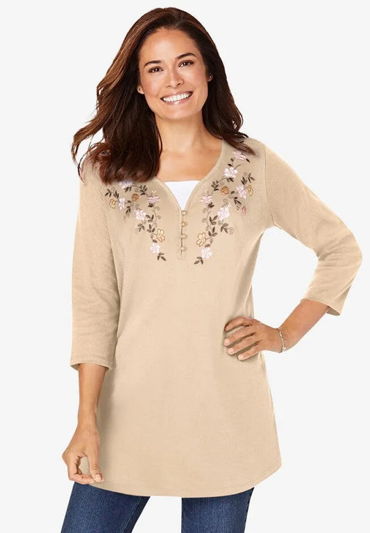 7-Day Layered-Look Embroidered Henley Tunic