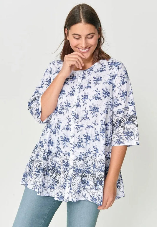 100% Cotton Cambric Three-Quarter Sleeve Tiered Flounce Scoopneck Tunic