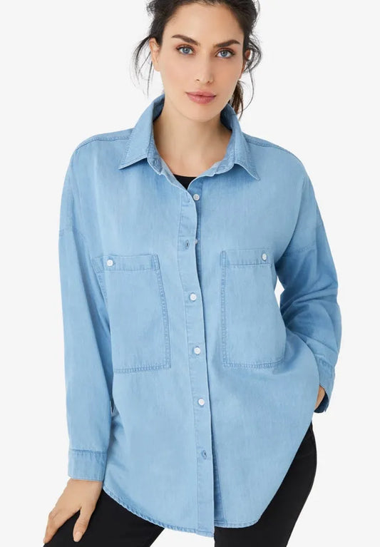 100% Cotton Denim Oversized Button-Front Collared Shirt