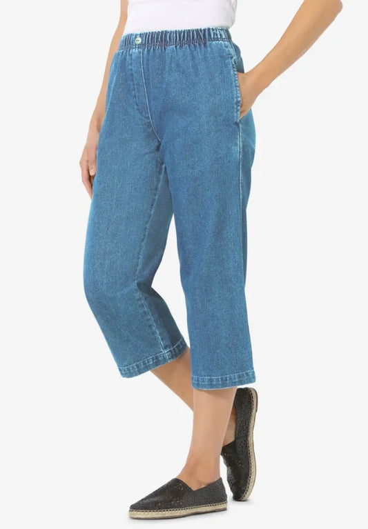 7-Day Elastic-Waist Pull-On Cotton Denim Capri Jeans