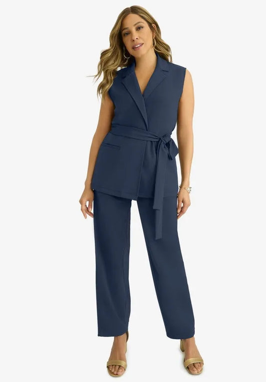 Belted Crepe Vest Set