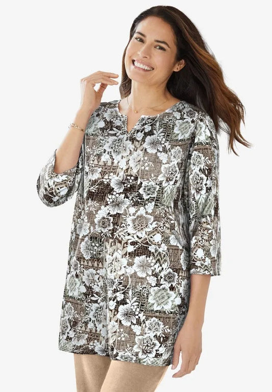 7-Day Three-Quarter Sleeve Notch-Neck Tunic