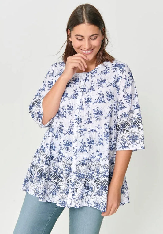 100% Cotton Cambric Three-Quarter Sleeve Tiered Flounce Scoopneck Tunic
