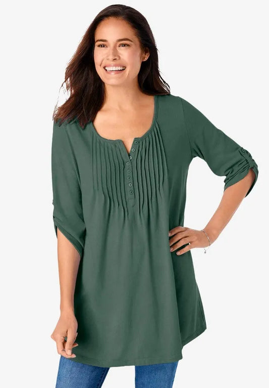 7-Day Three-Quarter Sleeve Pintucked Henley Tunic