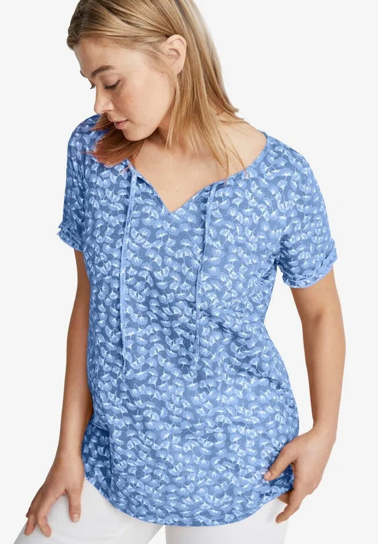 100% Cotton Slub Self-Tie Keyhole Neckline Short Sleeve Tee