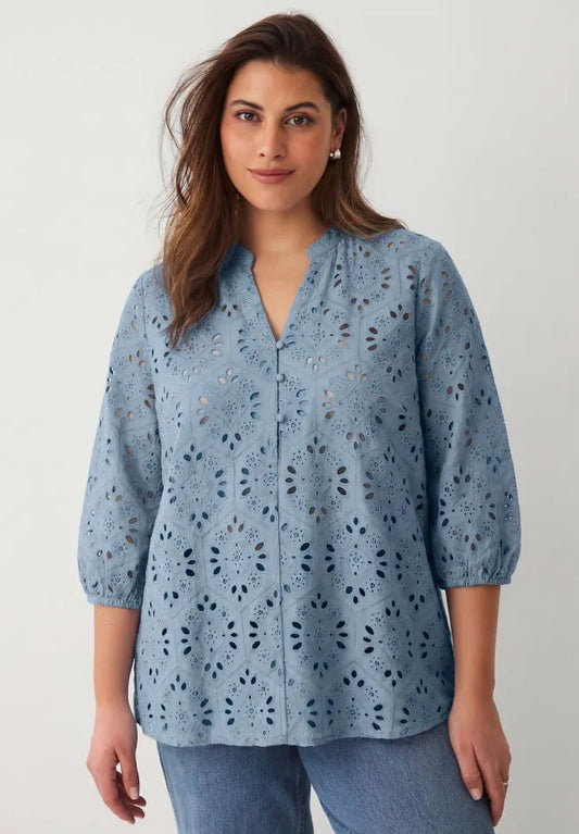 100% Cotton Cambric Three-Quarter Sleeve Notch V-Neck Eyelet Blouse