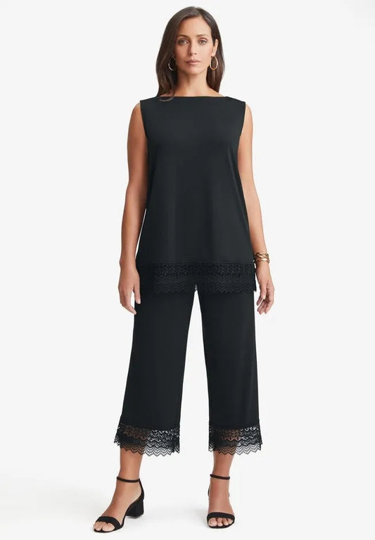 2-Piece Stretch Knit Lace Trim Crop Set